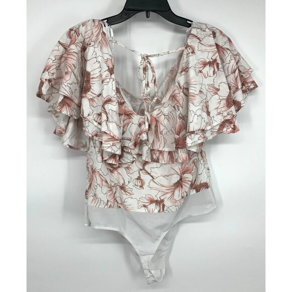 Lulus Bodysuit White Floral Print Ruffle Short Sleeve Tie Back - Picture 11 of 15